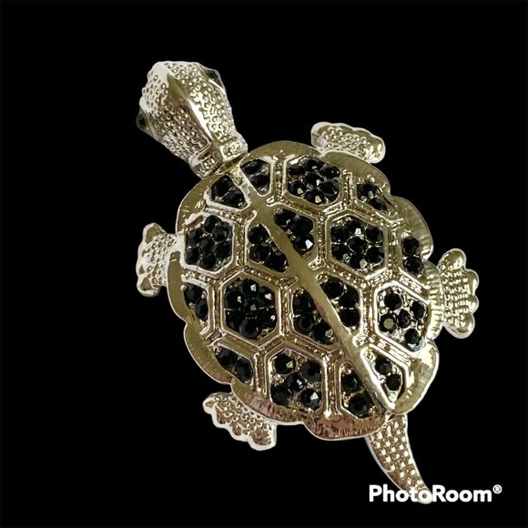 Crystal Sea Turtle Pendant Brooch Pin Necklace Silver Plated Black Cord 18" - Picture 2 of 12